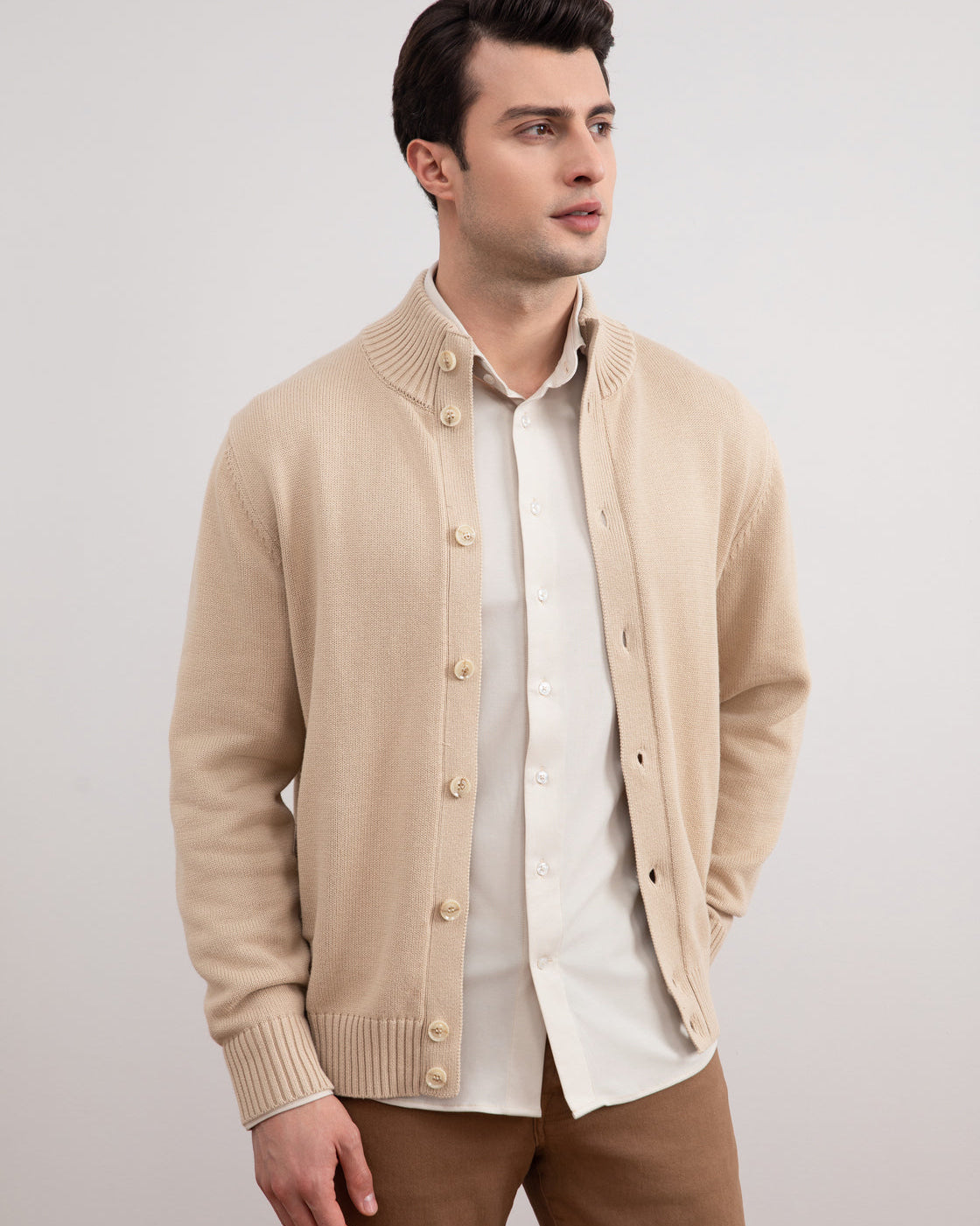 Beige Ribbed Button Closure With Pockets Cardigan