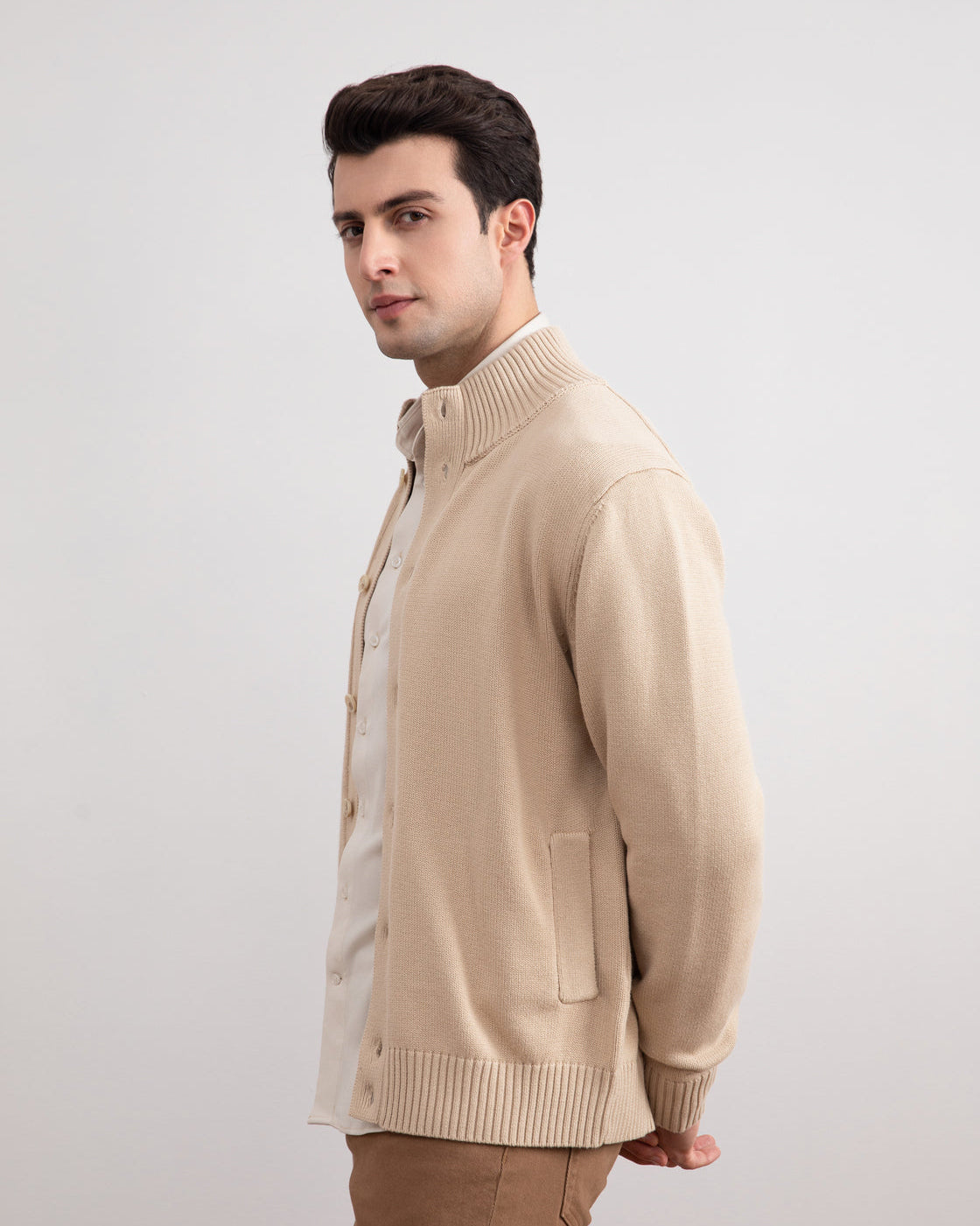 Beige Ribbed Button Closure With Pockets Cardigan