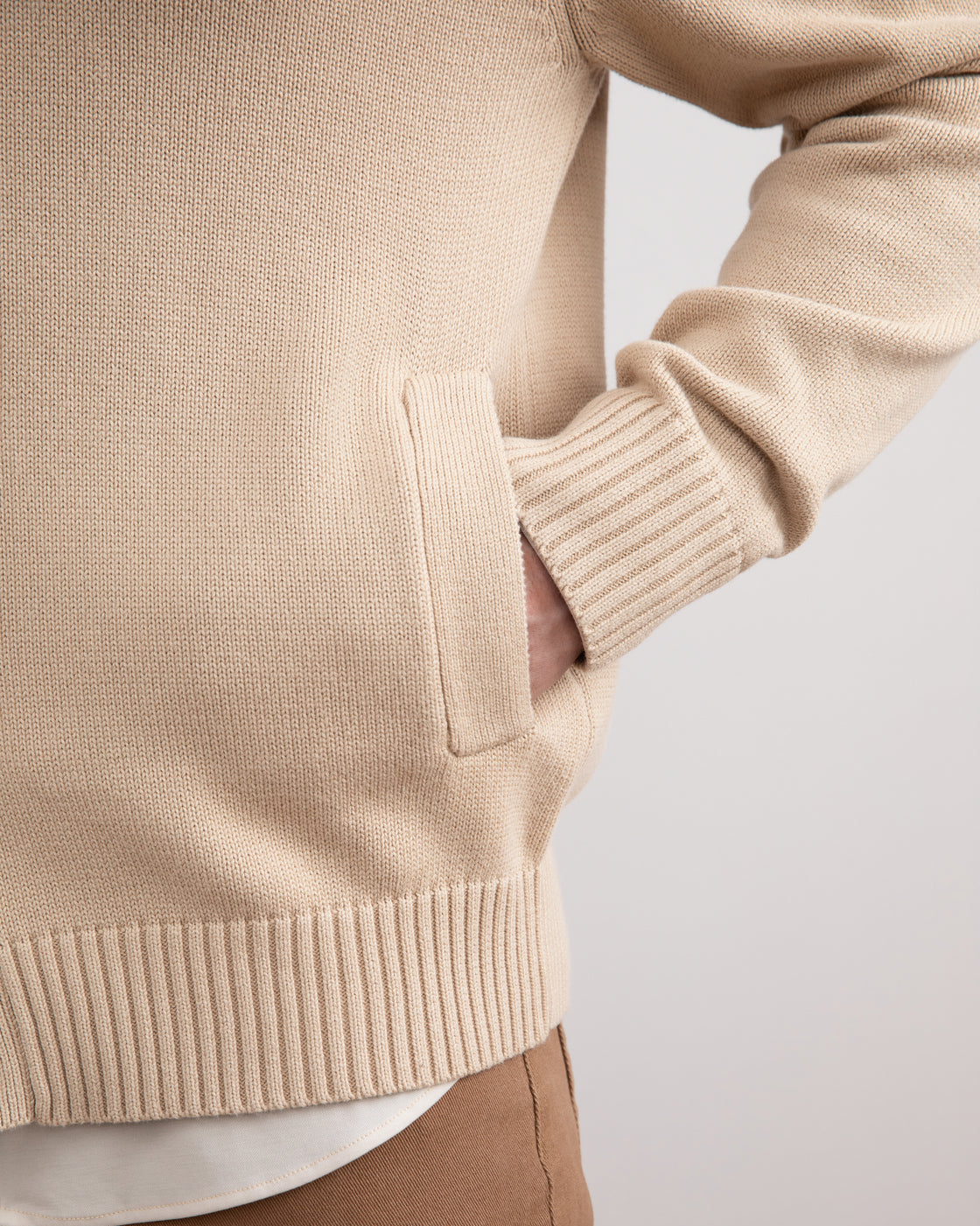 Beige Ribbed Button Closure With Pockets Cardigan