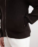 Dark Brown Ribbed Zip-Up Cardigan