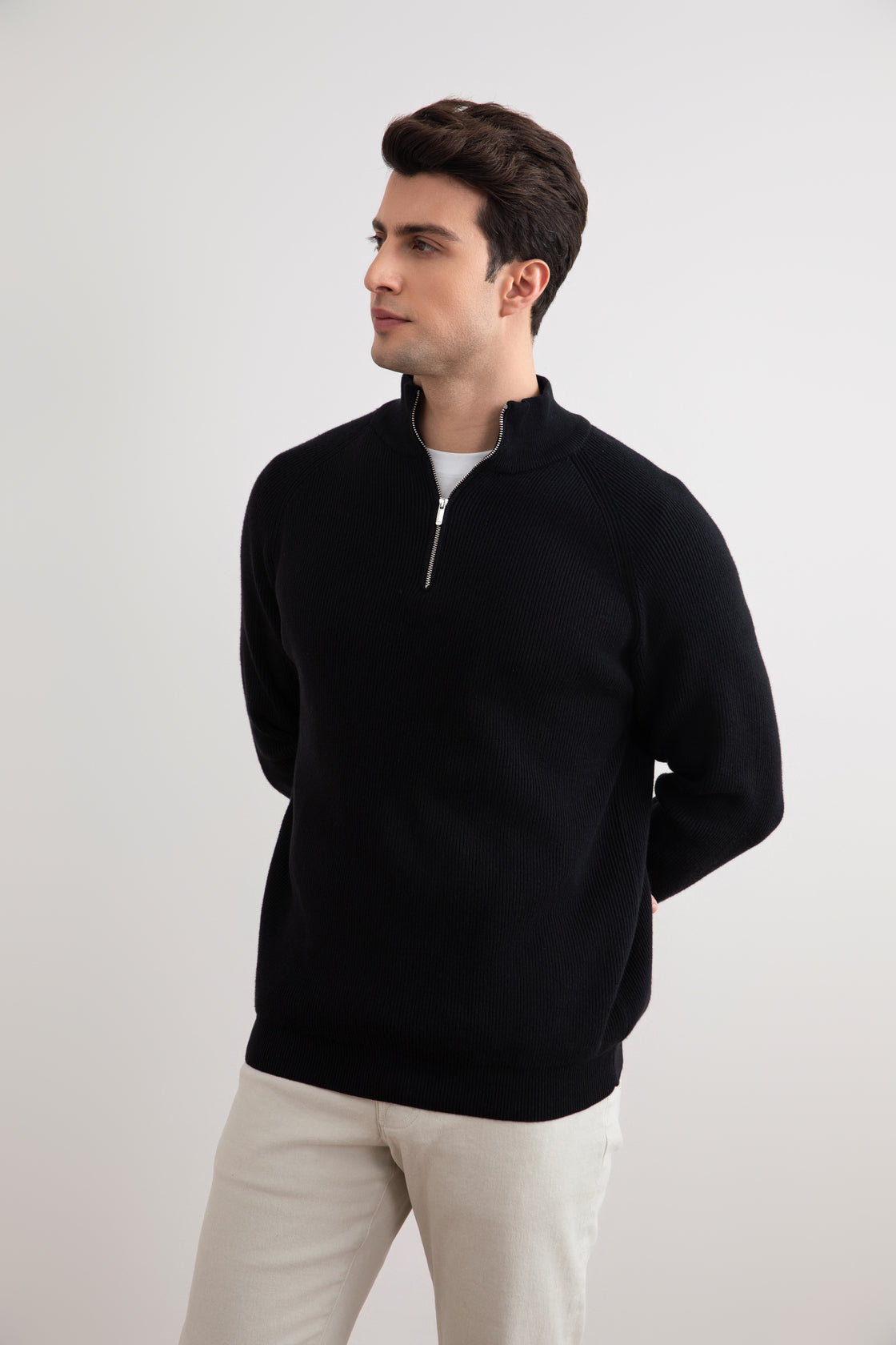 Black English rib turtleneck half-zip sweater
