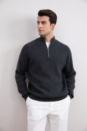 Charcoal English rib turtleneck half-zip sweater