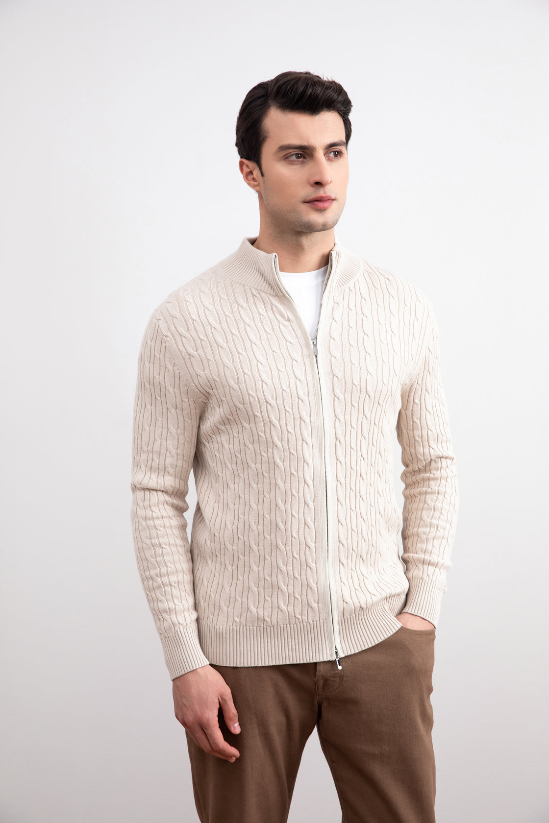 Beige Cable Knit full-zip Sweater