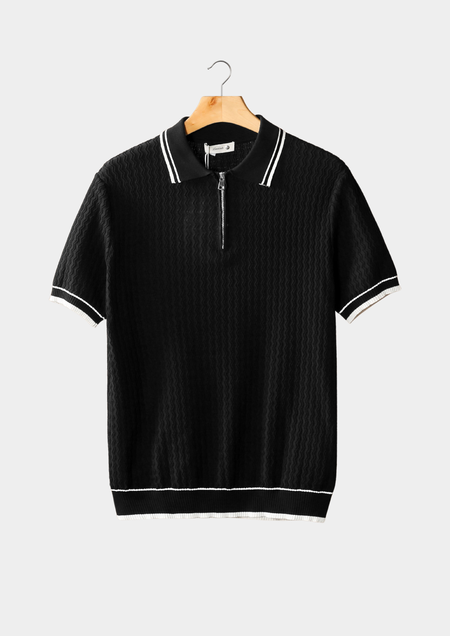 BLACK WAVY TEXTURED ZIPPER POLO